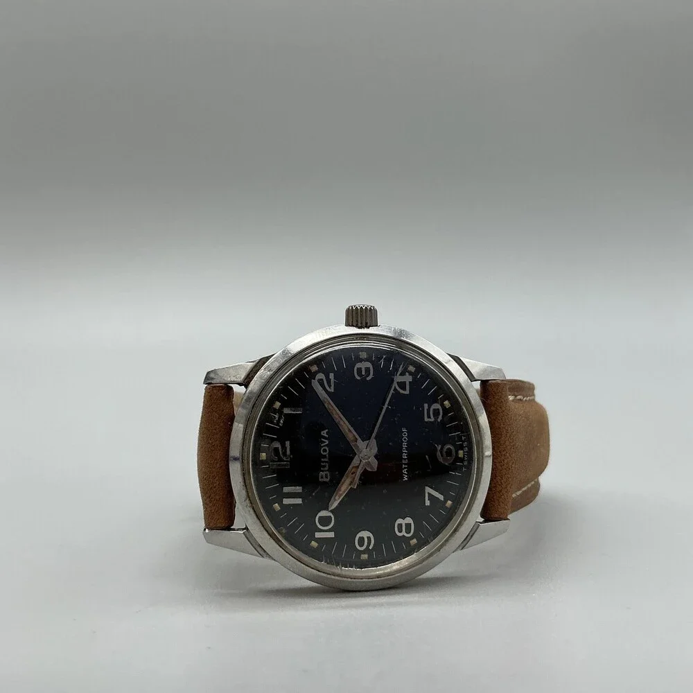 Vintage Bulova Mens Watch 32mm Black Dial Brown Leather Manual Wind Swiss 1966
